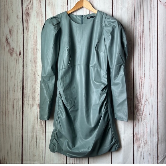 ZARA mint green leather puff sleeve dress - Picture 6 of 12